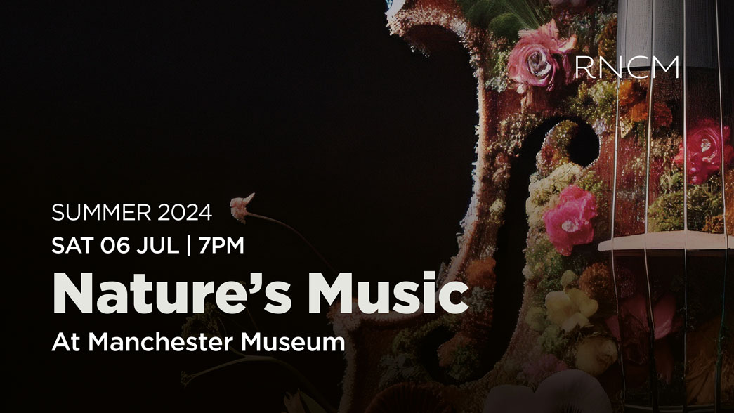 Nature's Music at Manchester Museum (Summer 2024) - Close-up photo of violin with moss and flowers growing on it.