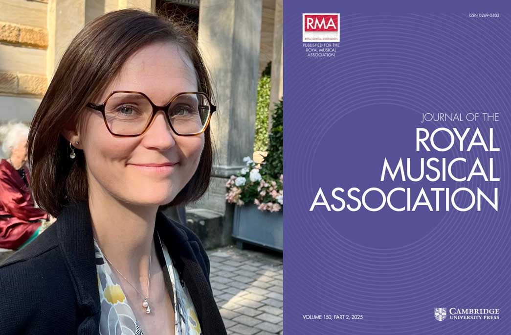 Photo of Dr Annika Forkert alongside the cover of the Journal of the Royal Musical Association