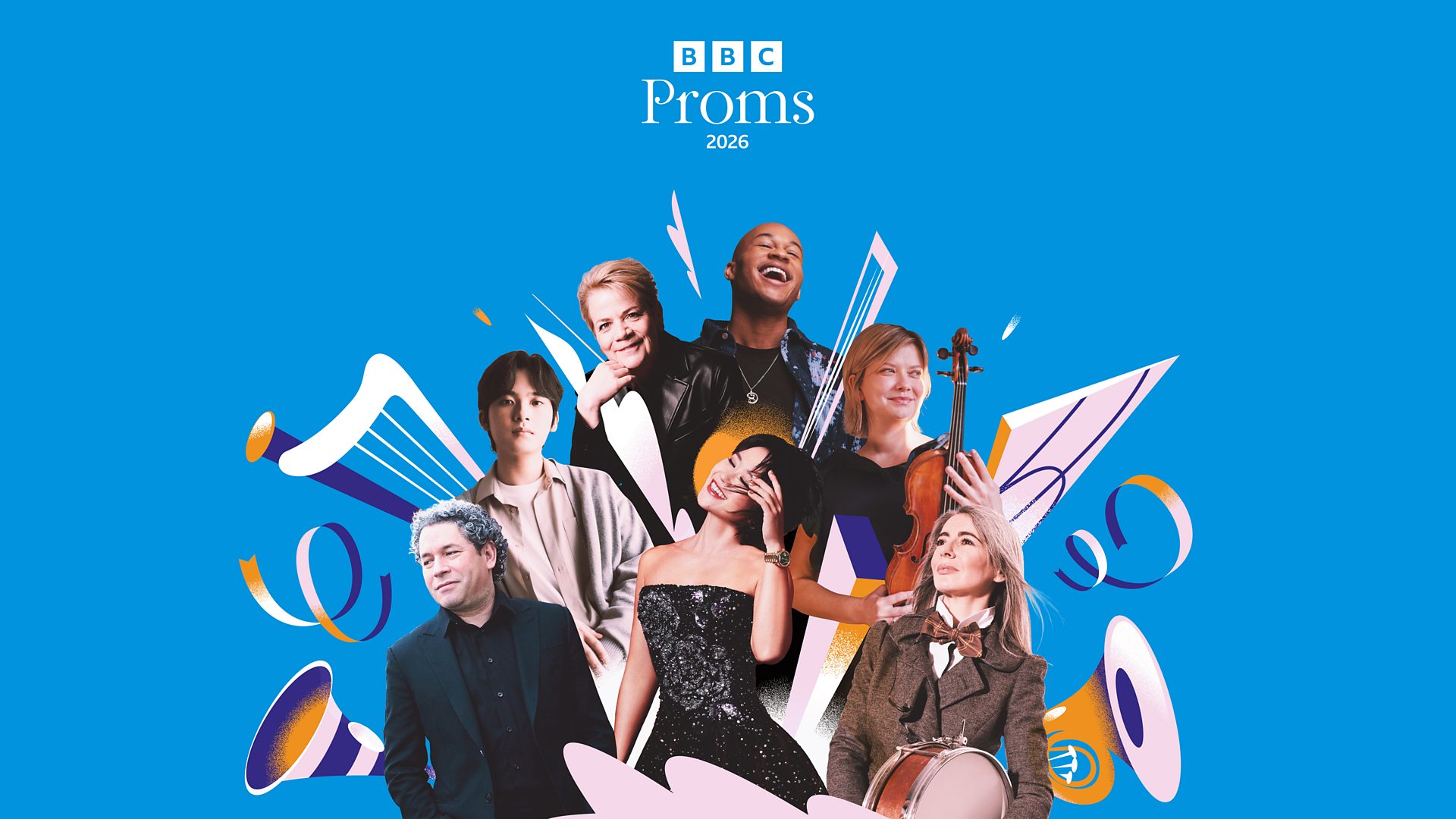BBC Proms promotional image features lots of musicians on a blue background