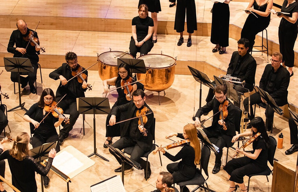 An orchestra performs. 