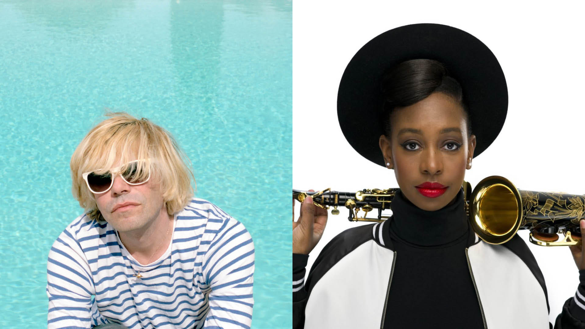 Tim Burgess with sunglass on in front of a pool of water and YolanDa Brown with a black hat holding and saxophone behind her neck 