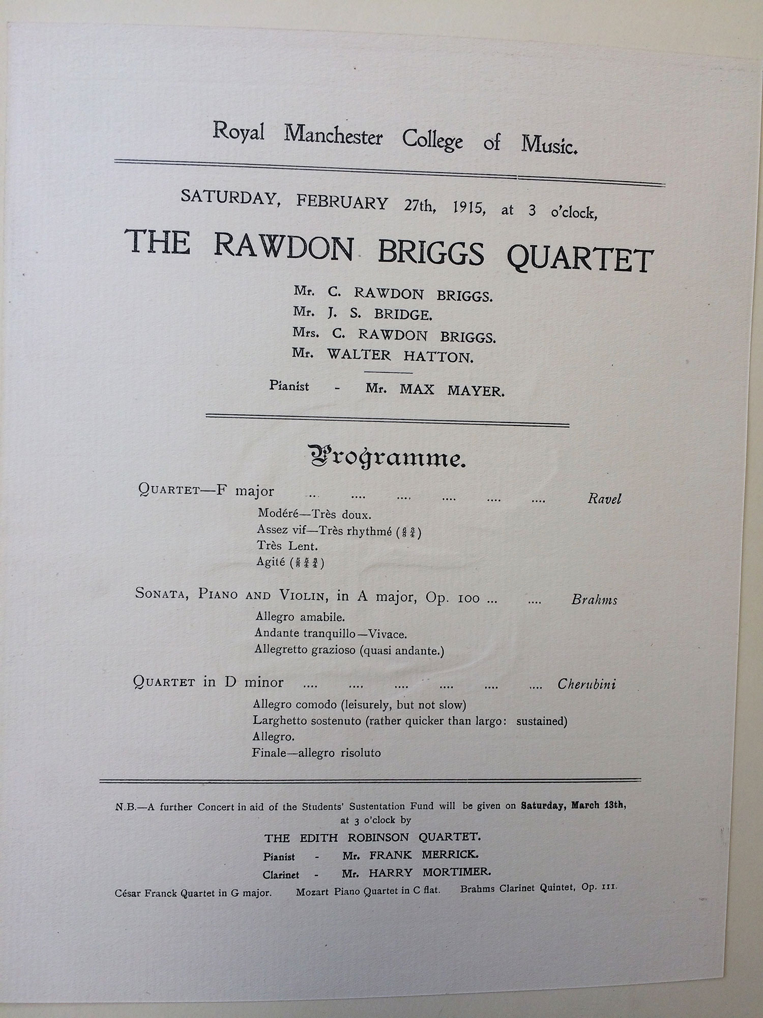 Figure 5: Ravel’s Quartet at the Rawdon Briggs Quartet concert, RMCM, 27 February 1915, RMCM E/1/5.
