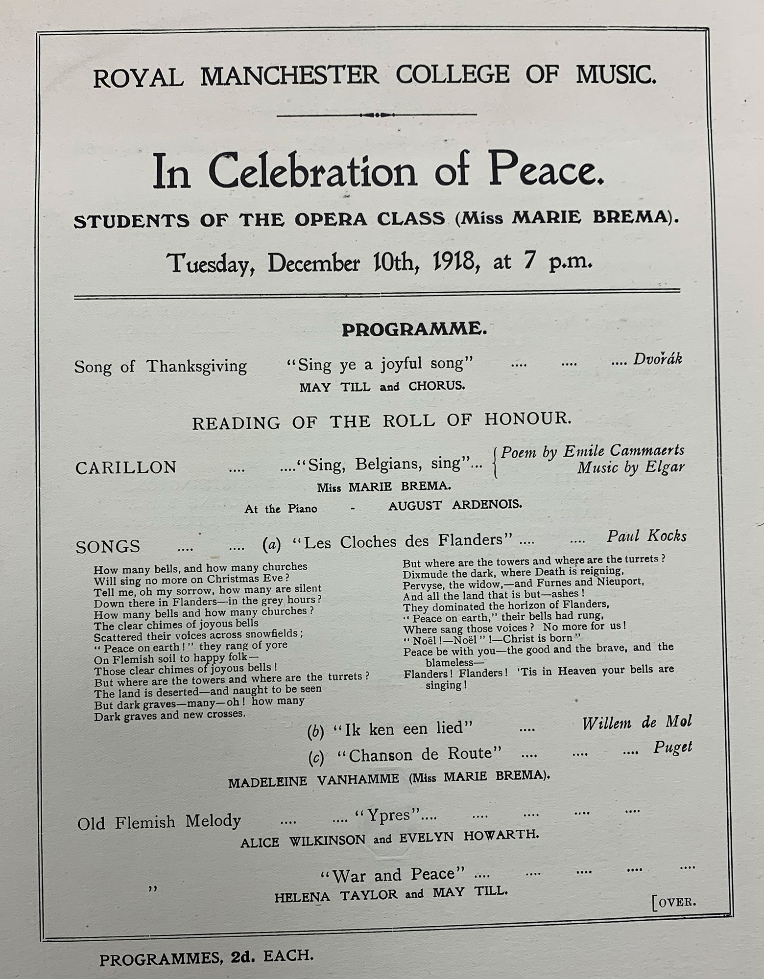 Figure 6: Celebration of Peace concert, RMCM, 10 December 1918, RMCM E/1/5.