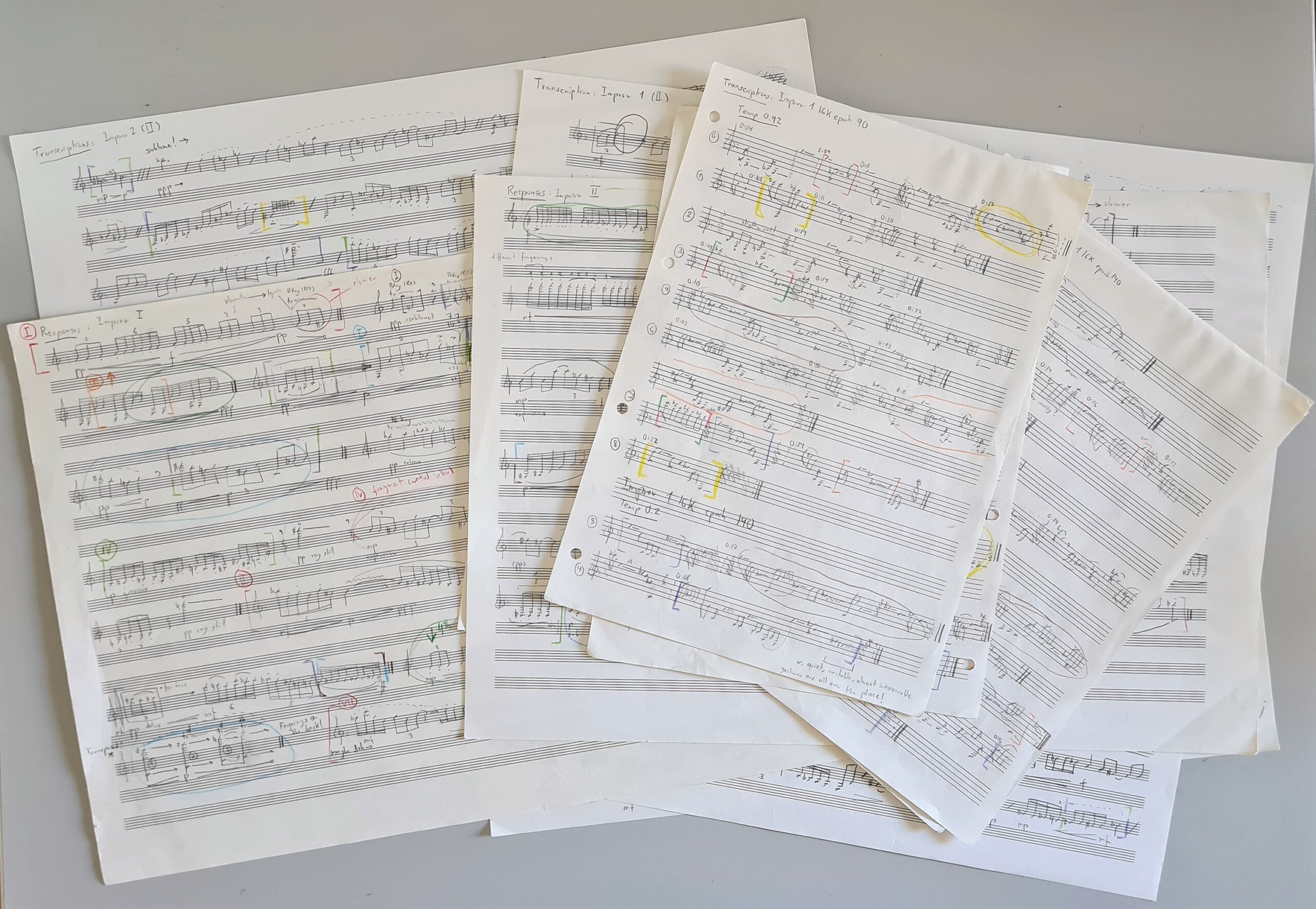 a photo of handwritten scores jumbled on the floor