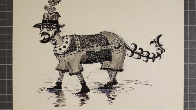 Surreal artwork of a man walking on four legs with a tail, wearing a hat.