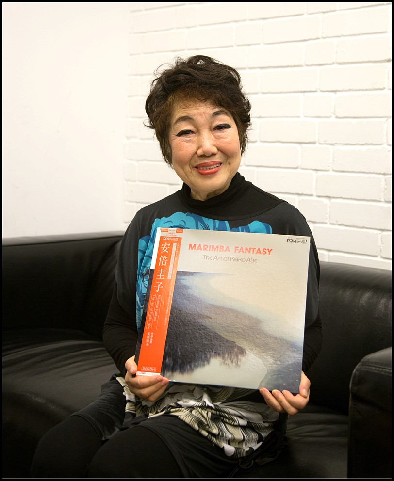 Keiko Abe holding her LP - Marimba Fantasy.