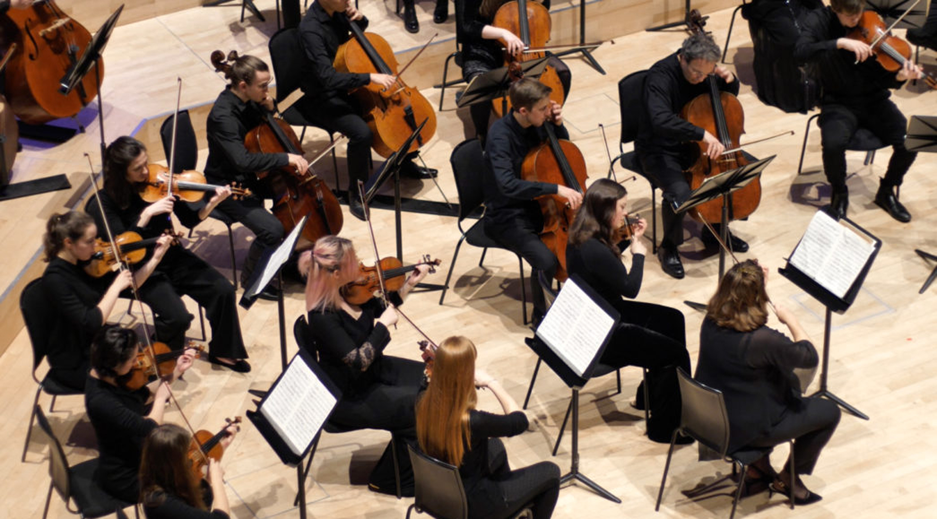 A string orchestra perform.