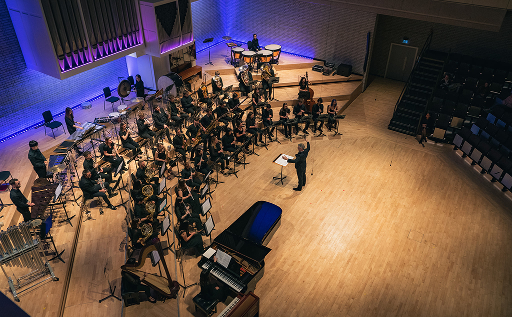 A conductor stands in front of a orchestra. 