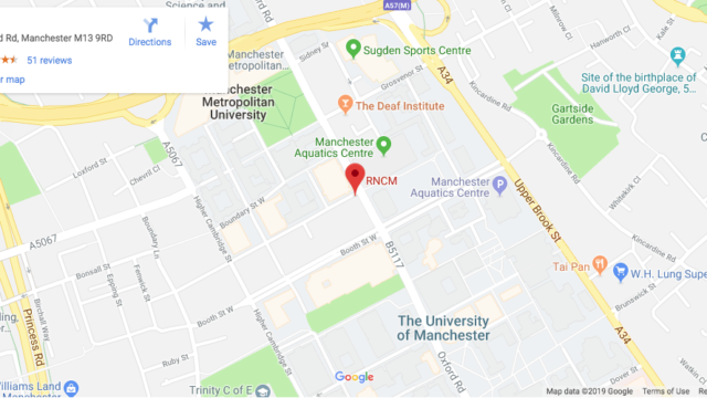 A Google Map of a section of Manchester city centre that contains the RNCM. 
