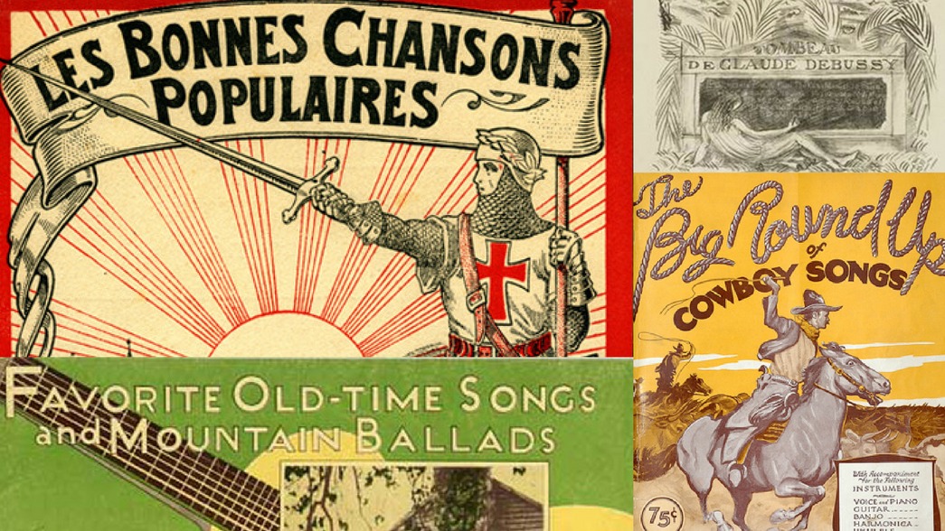 A collage of illustrated vintage concert posters.