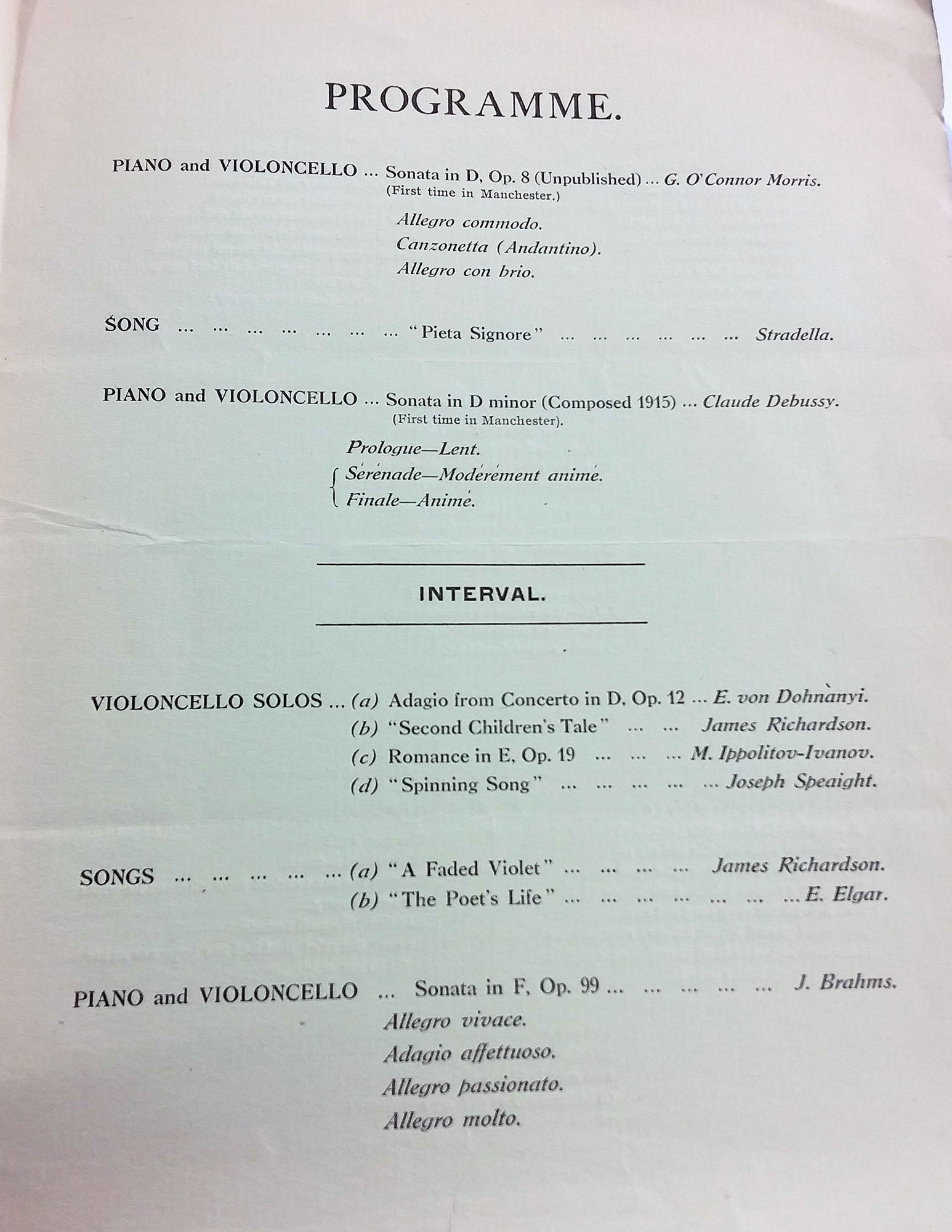 Violoncello Recital Oct 9th 1916 Memorial Hall programme