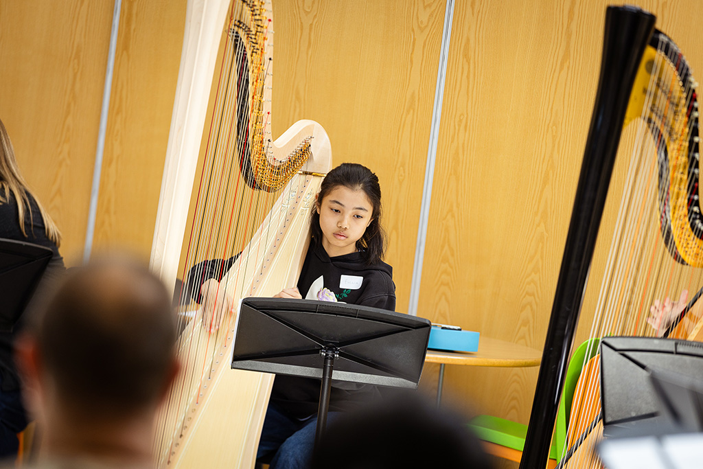 A young projects student plays a harp.