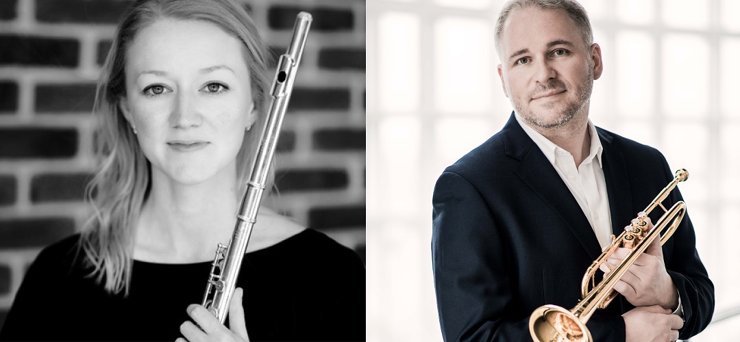 Amy Yule holding a flute and Marc Geujon holding a trumpet