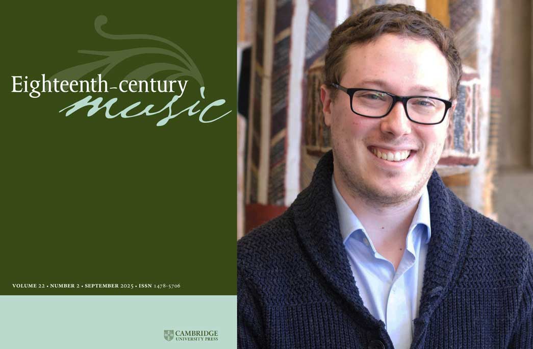 Photo of Dr Austin Glatthorn alongside the cover of Eighteenth-Century Music
