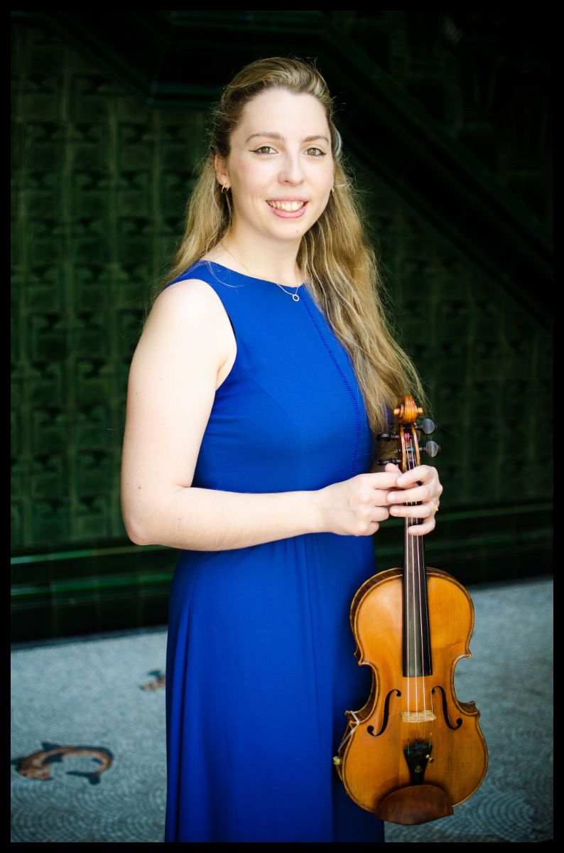Caroline Pether in blue dress