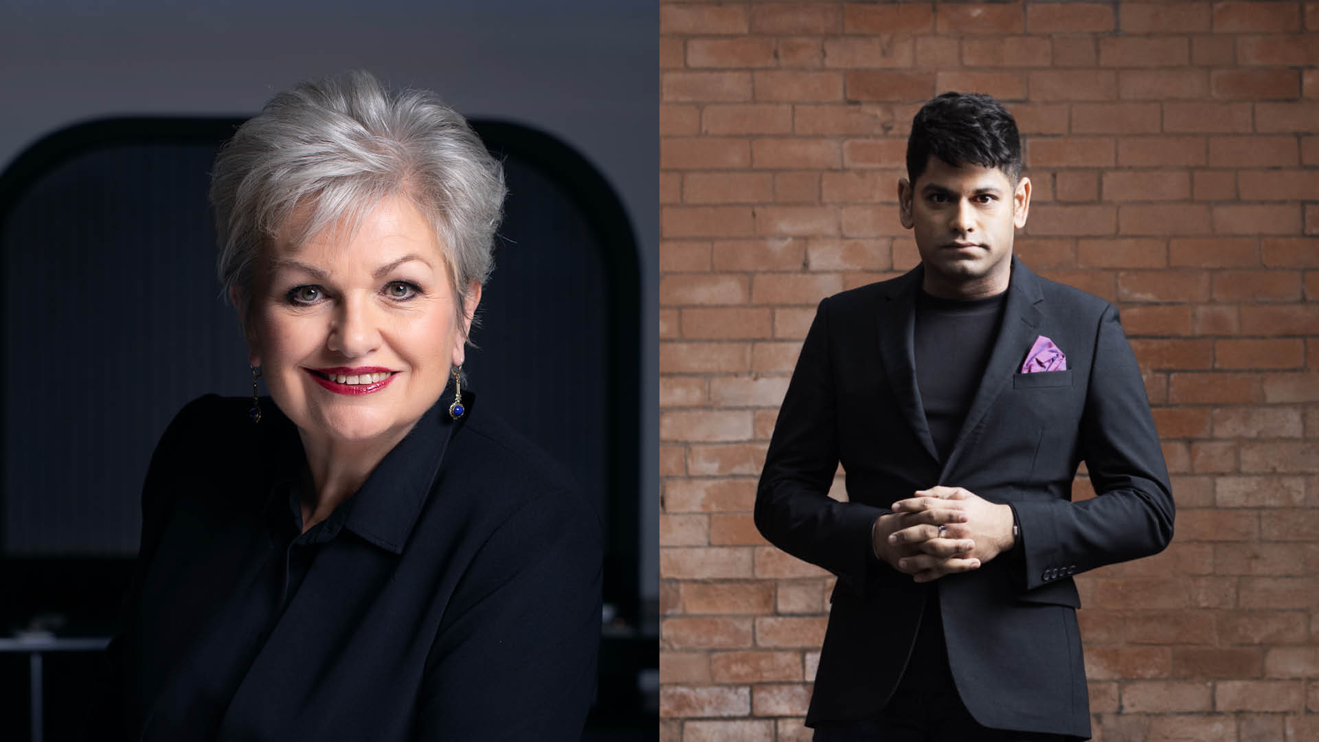 Susan Bullock facing the camera and Alpesh Chauhan standing in front of a brick wall